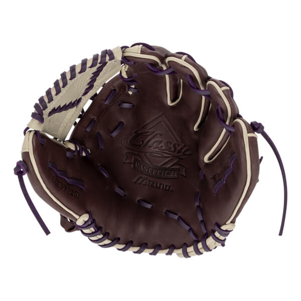 Front view of a brown softball glove with white and purple lacing and Classic Fastpitch Mizuno embossed on the palm.