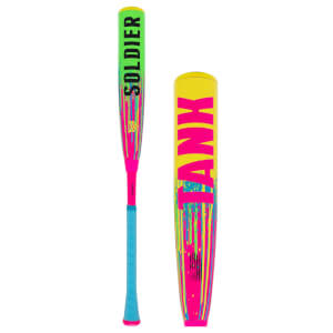 Two views of a neon yellow, pink, green, and blue baseball bat with SOLDIER and TANK text and a splatter design.