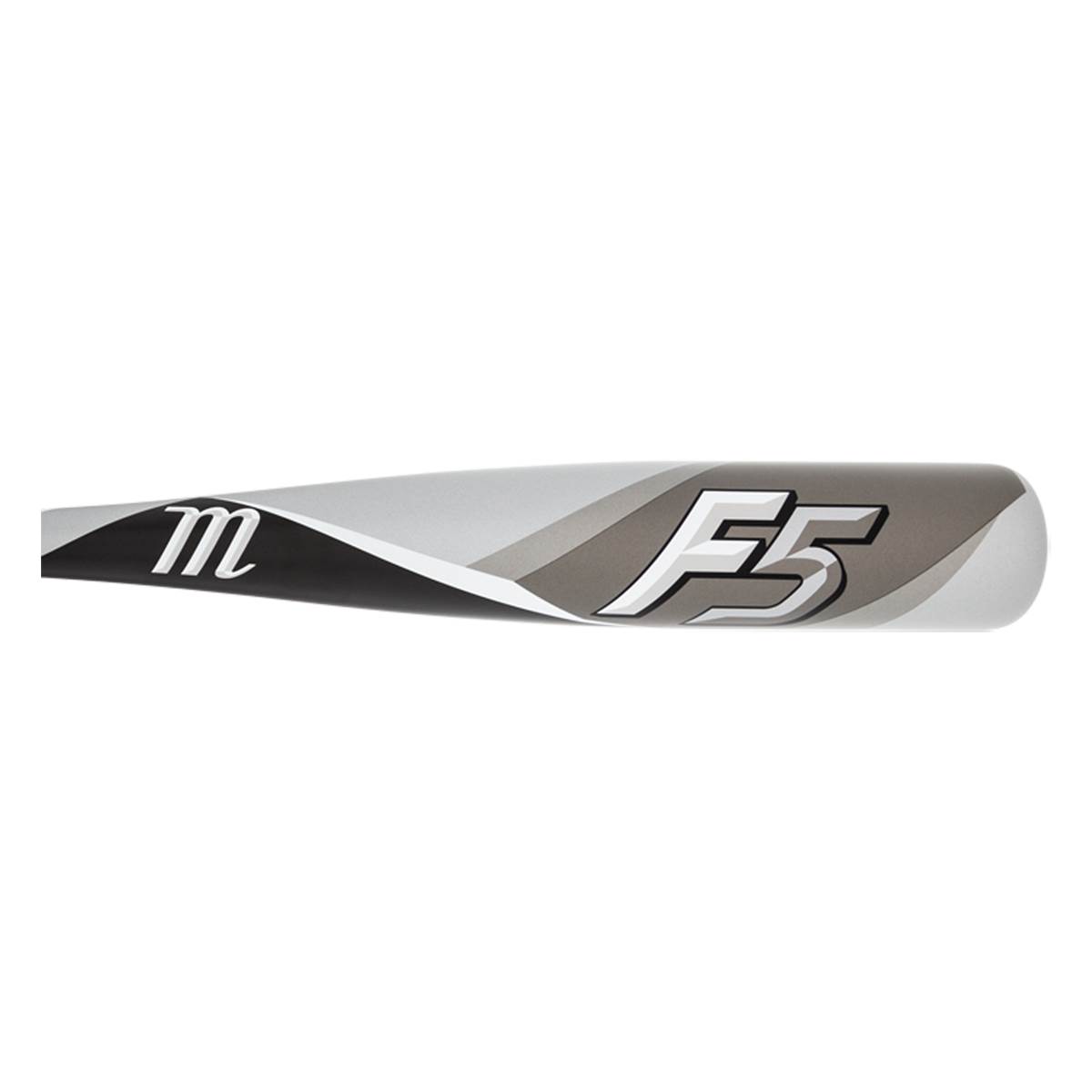 Side view of a silver and gray baseball bat with a black m logo and white F5 text.