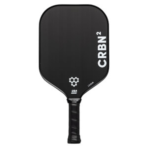 Front view of a black pickleball paddle with CRBN² branding, a honeycomb logo, and 13 mm text.