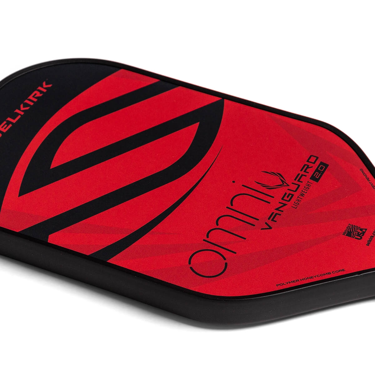 Corner view of a red and black pickleball paddle with omni VANGUARD 2.0 text and a honeycomb core detail.