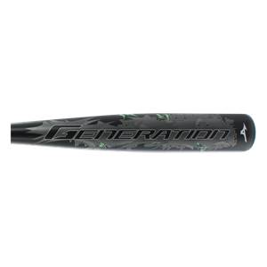 Side view of a black baseball bat with GENERATION text and green graphic accents.