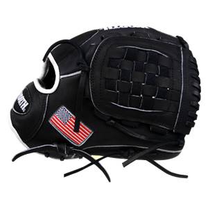 Side view of a black baseball glove with an American flag patch and woven webbing.