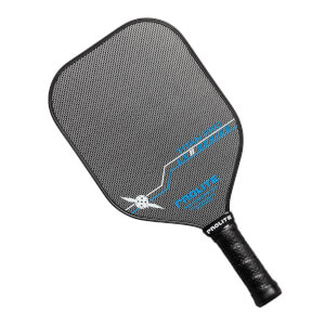Top-down view of a black pickleball paddle with a textured surface, blue PROLITE branding, and a pickleball graphic.