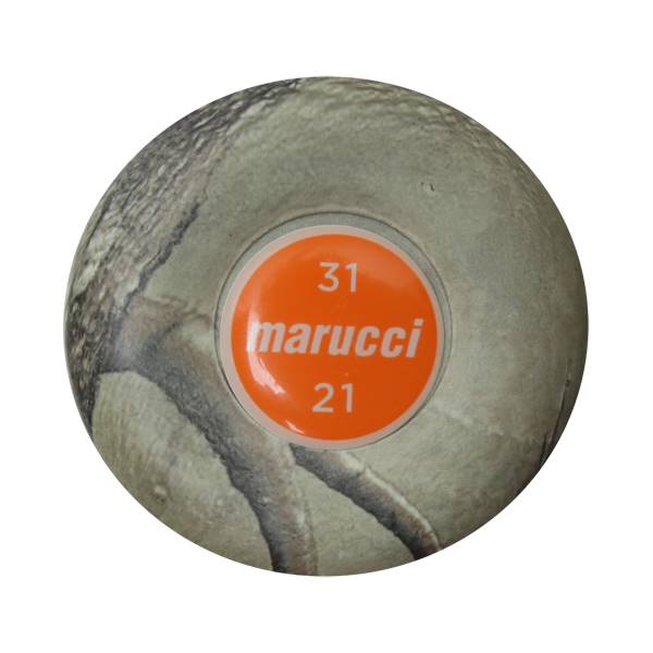 Top-down view of a camo baseball bat with an orange end cap showing 31 marucci 21.