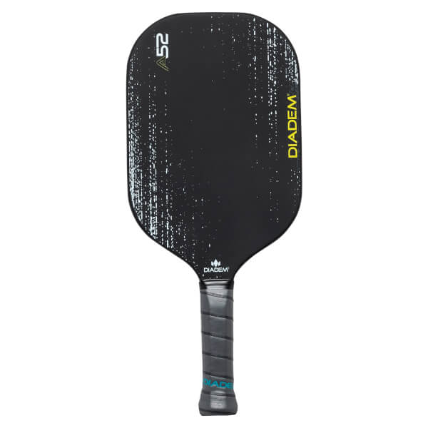 Front view of a black pickleball paddle with A52 and DIADEM branding and a textured surface.