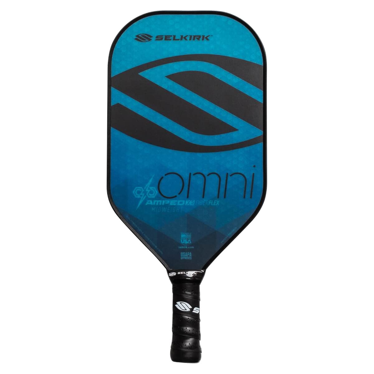 Front view of a blue Selkirk pickleball paddle with a large black S graphic and OMNI text.
