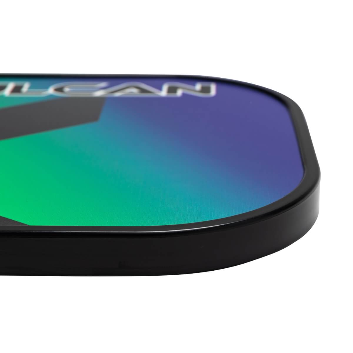 Corner view of a black pickleball paddle with a green and purple gradient and VULCAN text.