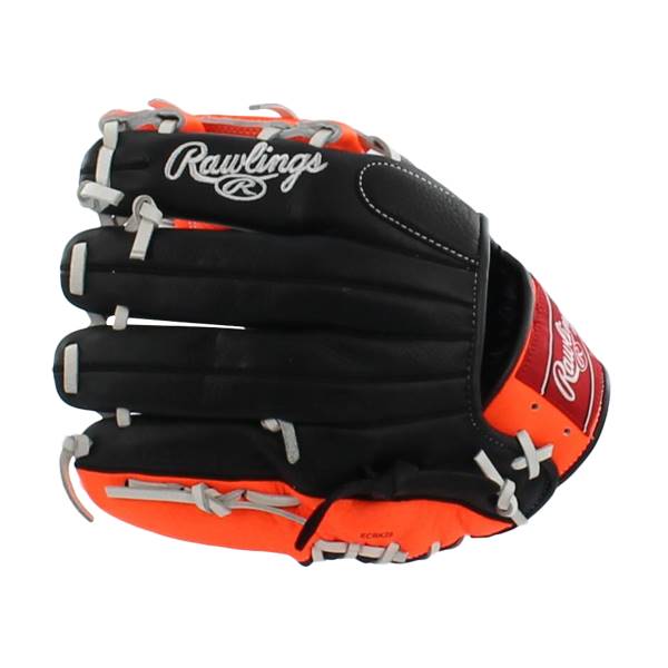 Front view of a black and orange baseball glove with Rawlings logo and white stitching.