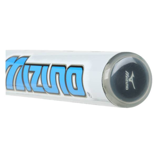 Side view of a white softball bat with blue MIZUNO text and a black end cap with Mizuno logo.