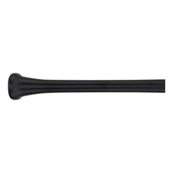 Partial side view of a black baseball bat with a prominent knob and tapering handle.