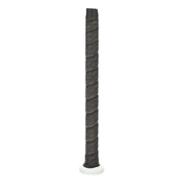 Close-up of a black bat grip with a white end cap.