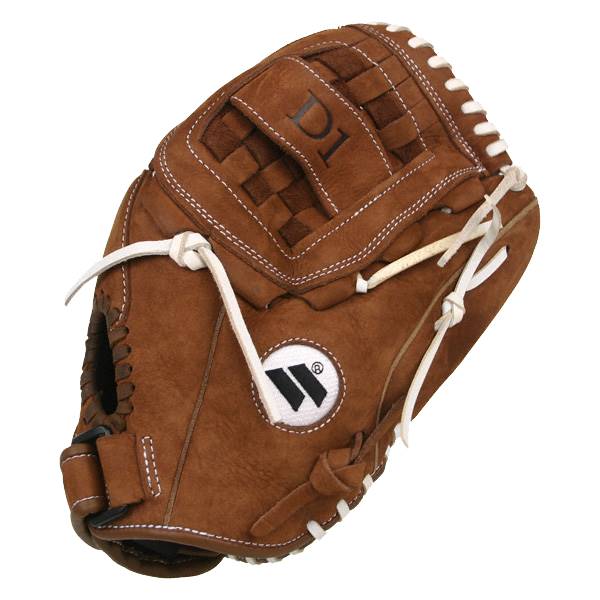 Top-down view of a brown baseball glove with D1 branding and a white W logo.