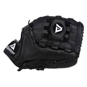 Side view of a black baseball glove with a white A logo on the wrist strap and Akadema branding.