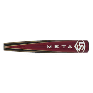 Side view of a maroon baseball bat with gold and black accents, and META text.