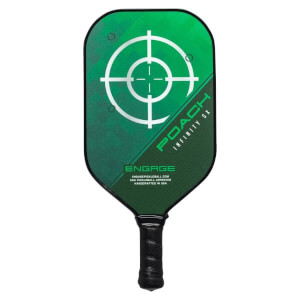 Front view of a green pickleball paddle with a target design, POACH INFINITY SX text, and ENGAGE logo.