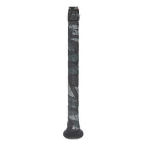 Close-up of a dark gray baseball bat grip with a geometric pattern, a black knob, and FLOW text.