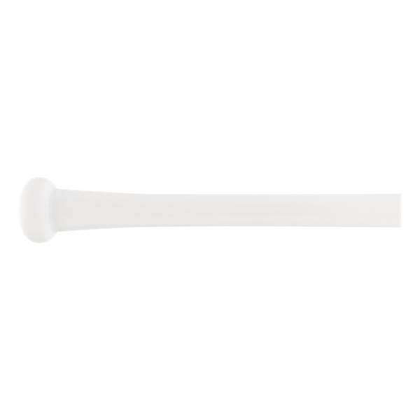 Side view of a white baseball bat with a prominent knob and a long, smooth barrel.
