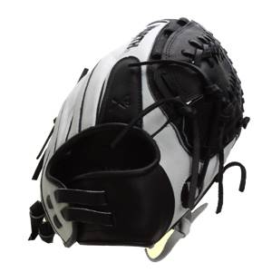 Top-down view of a white and black softball glove with black lacing and a black wrist strap.