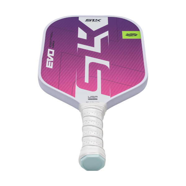 Top-down view of a white pickleball paddle with a pink gradient, large white SLK logo, and white grip.