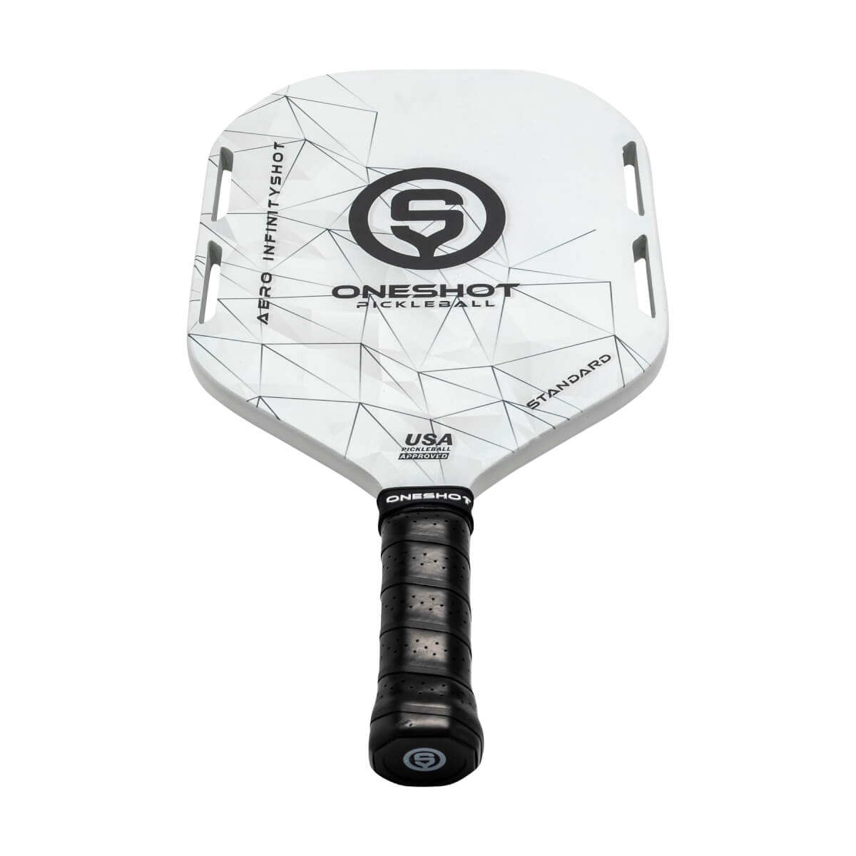 Front view of a white pickleball paddle with black geometric design, ONESHOT PICKLEBALL, and USA APPROVED.