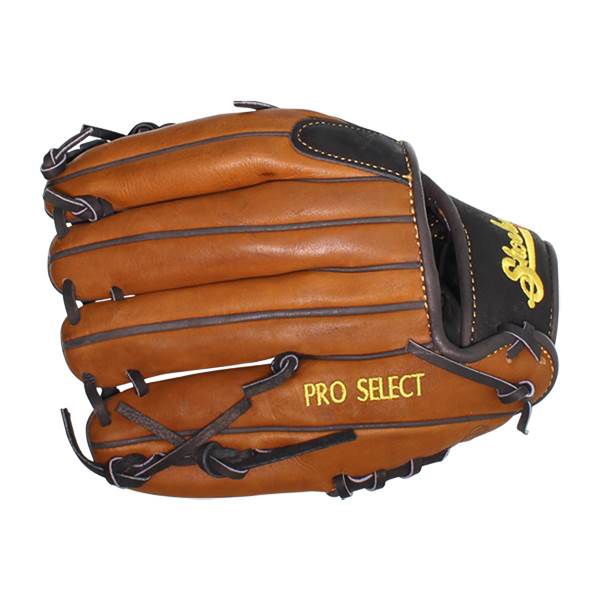 Side view of a brown baseball glove with PRO SELECT text and black accents.