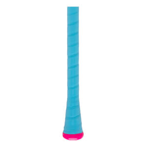 Close-up of a turquoise baseball bat handle with a wrapped grip and a bright pink knob.