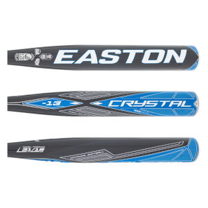Full-length view of a black and blue fastpitch softball bat with EASTON logo, CRYSTAL -13 text, and geometric blue accents.