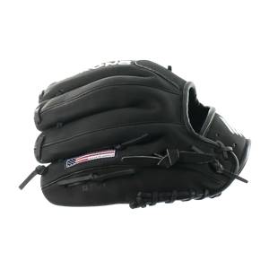 Side view of a black baseball glove with MADE IN AMERICA label and 12 INCH text.