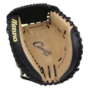 Top-down view of a black and tan catchers mitt with Mizuno and Classic PRO branding.