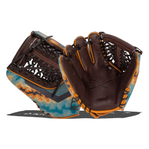 Front and back views of a brown leather baseball glove featuring a blue and orange pattern, a REV1X palm logo, and the Rawlings brand name.