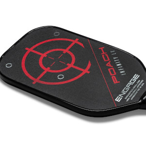 Top-down view of a black pickleball paddle with a red target design, POACH INFINITY LX text, and ENGAGE logo.