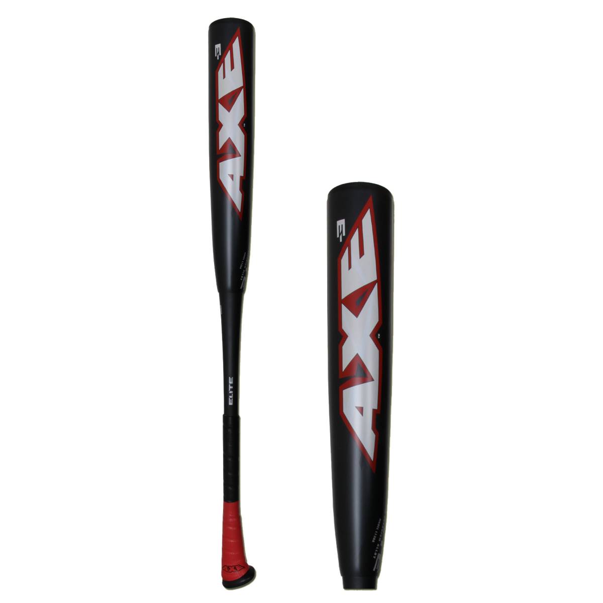 Side view of a black Axe Elite baseball bat with red grip and white lettering.
