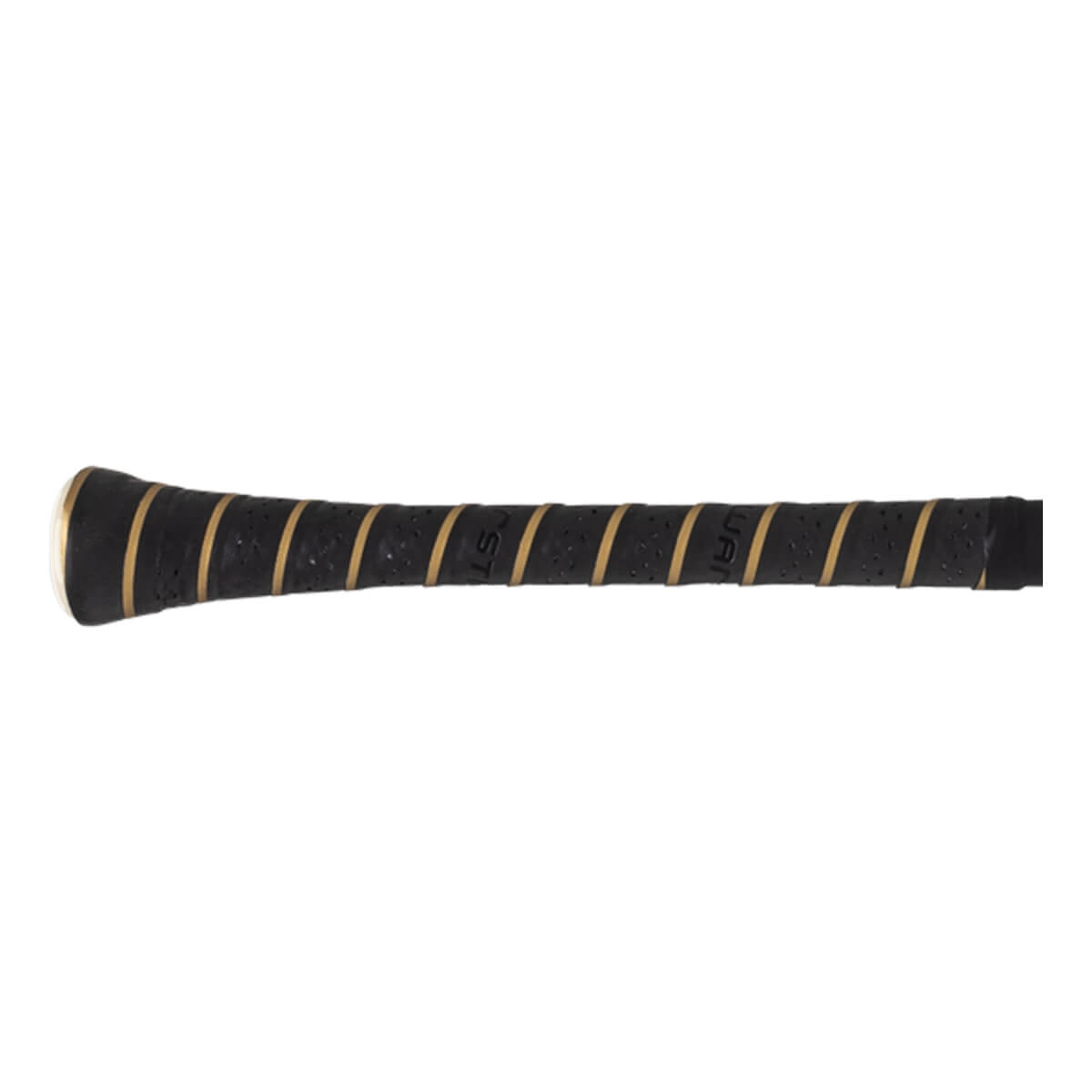 Close-up side view of a black bat grip with perforated texture, gold diagonal stripes, and WARSTIC text.