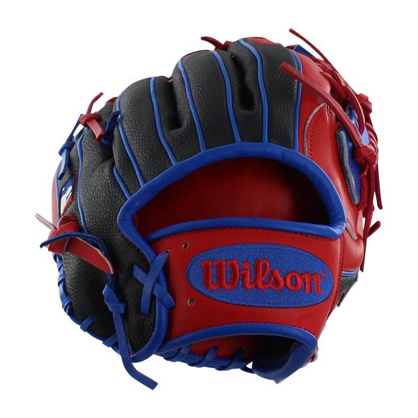 Front view of a red and black baseball glove with blue lacing and a Wilson logo.