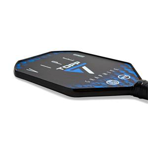 Corner view of a black pickleball paddle with blue checkered accents, TOPP VIPER text, and GRAPHITE text.