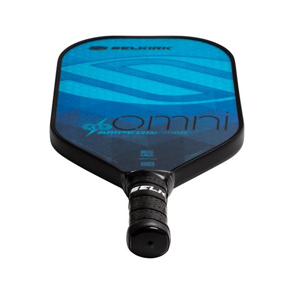 Top-down view of a blue Selkirk Amped Omni pickleball paddle with OMNI and LIGHTWEIGHT text.