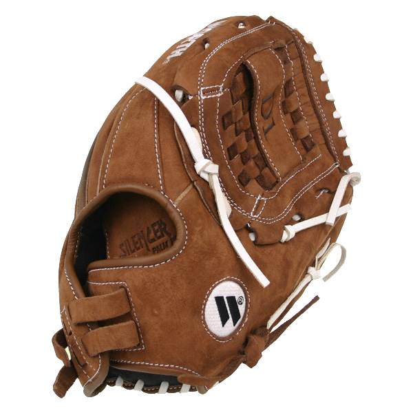 Side view of a brown baseball glove with white lacing and a checkered web.