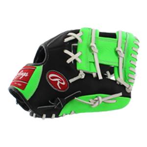 Side view of a black and neon green baseball glove with white lacing and a red Rawlings logo.
