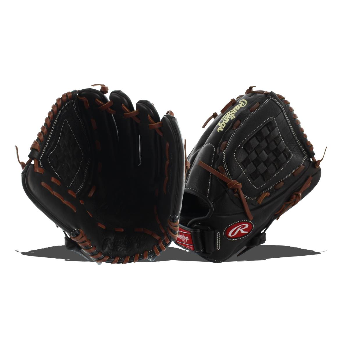 Front view of a black softball glove with brown lacing and a red Rawlings logo.