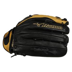 Side view of a black and tan Mizuno baseball glove with gold Mizuno logo and Mizuno text.