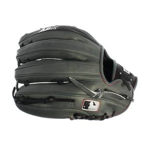 Side view of a dark grey baseball glove with AK logo and MLB logo.