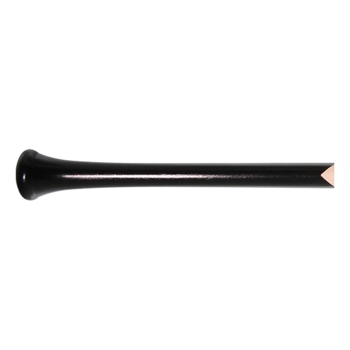 Side view of a black baseball bat with a flared knob and beveled end.