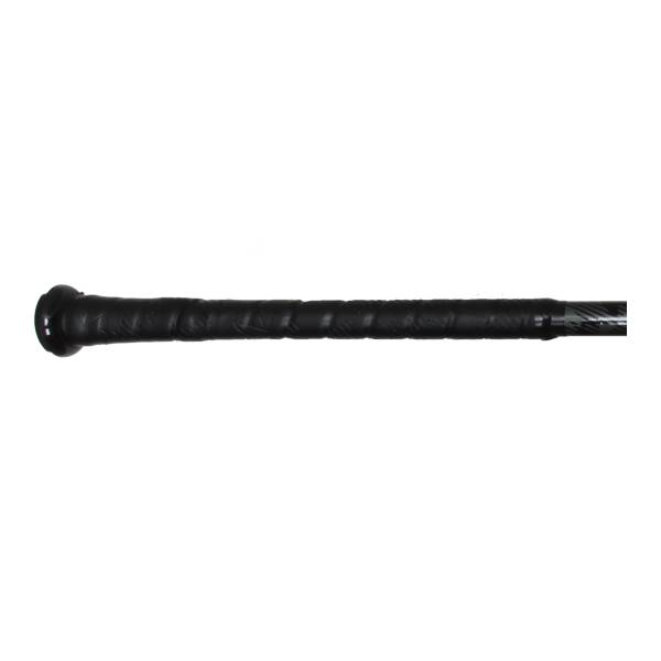 Side view of a black baseball bat with a textured grip and silver accents.