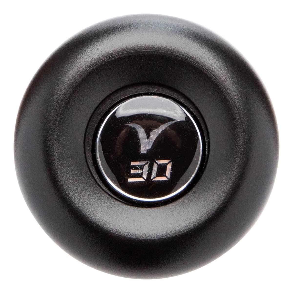 Top-down view of a black baseball bat end cap with a white Victus logo and 30 marking.