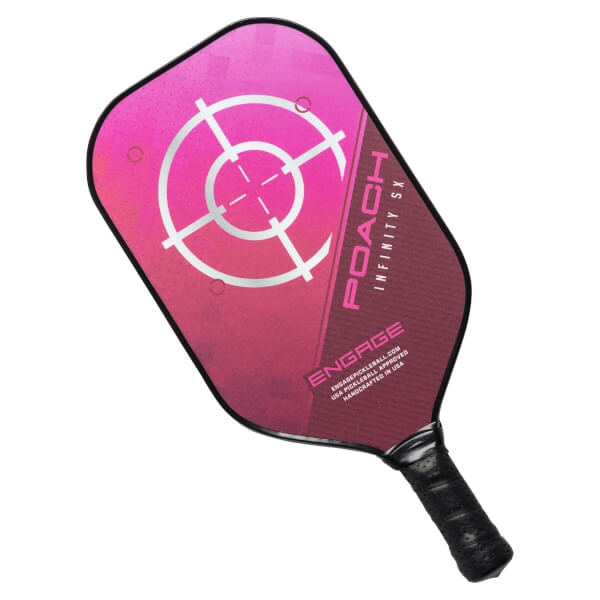 Top-down view of a pink pickleball paddle with a target design and POACH INFINITY SX text.