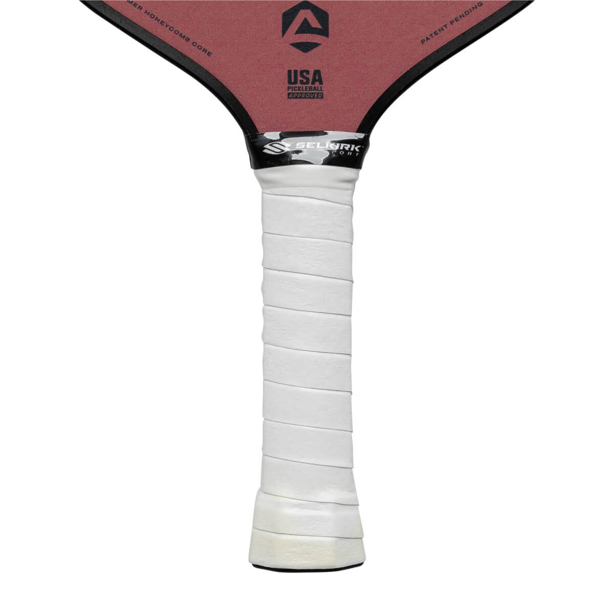 Top-down view of a red pickleball paddle with a white grip and USA Pickleball Approved logo.