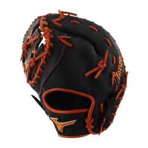 Corner view of a black and orange baseball glove with orange stitching and Mizuno branding.