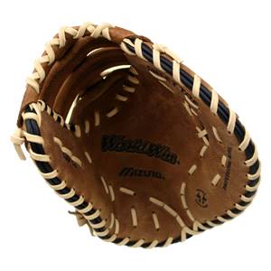 Top-down view of a brown Mizuno World Win Series baseball glove with tan lacing and black trim.