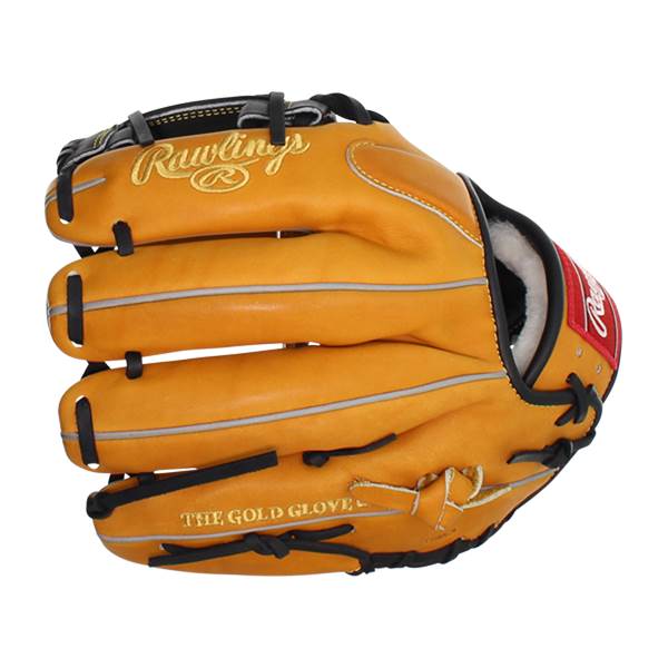 Front view of a tan baseball glove with Rawlings branding and THE GOLD GLOVE text.